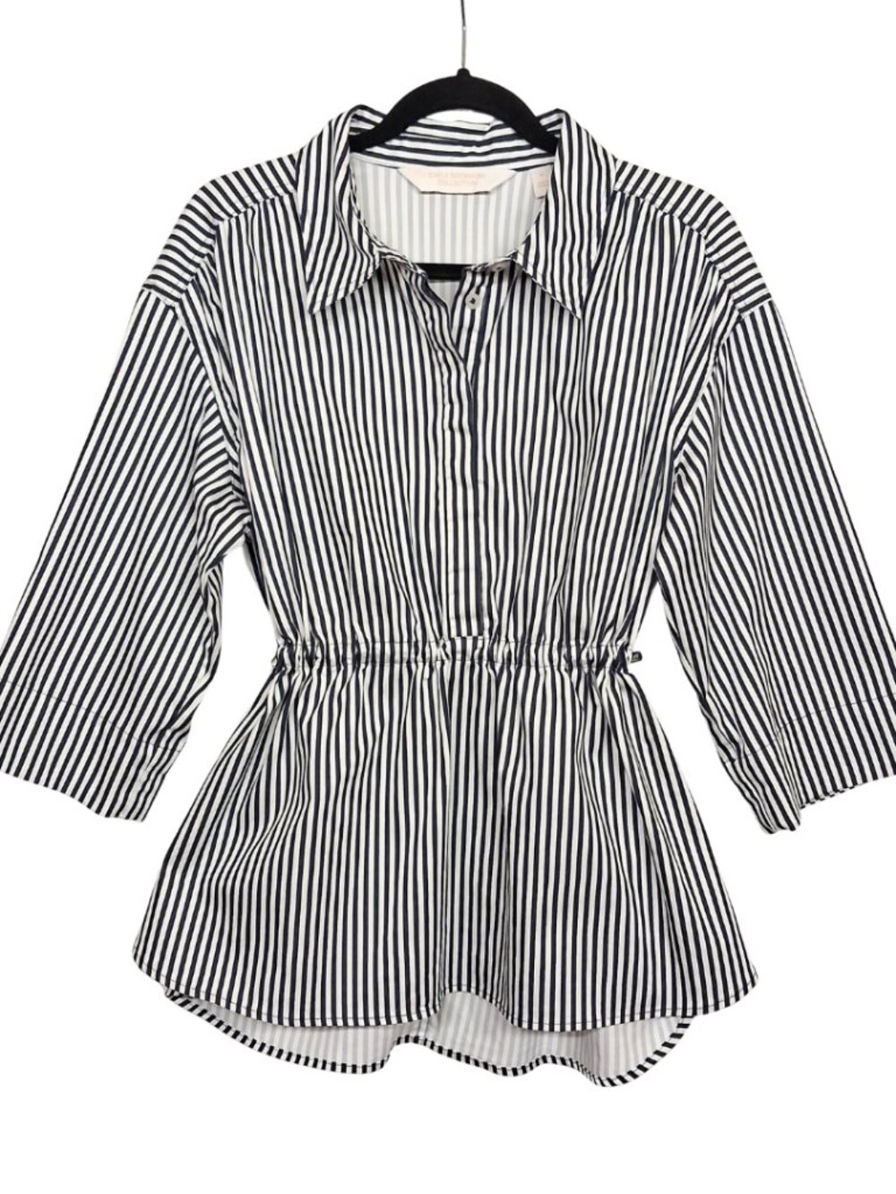 CARLA ROCKMORE Peplum Top Stripe Print Drawstring Waist Black White Medium